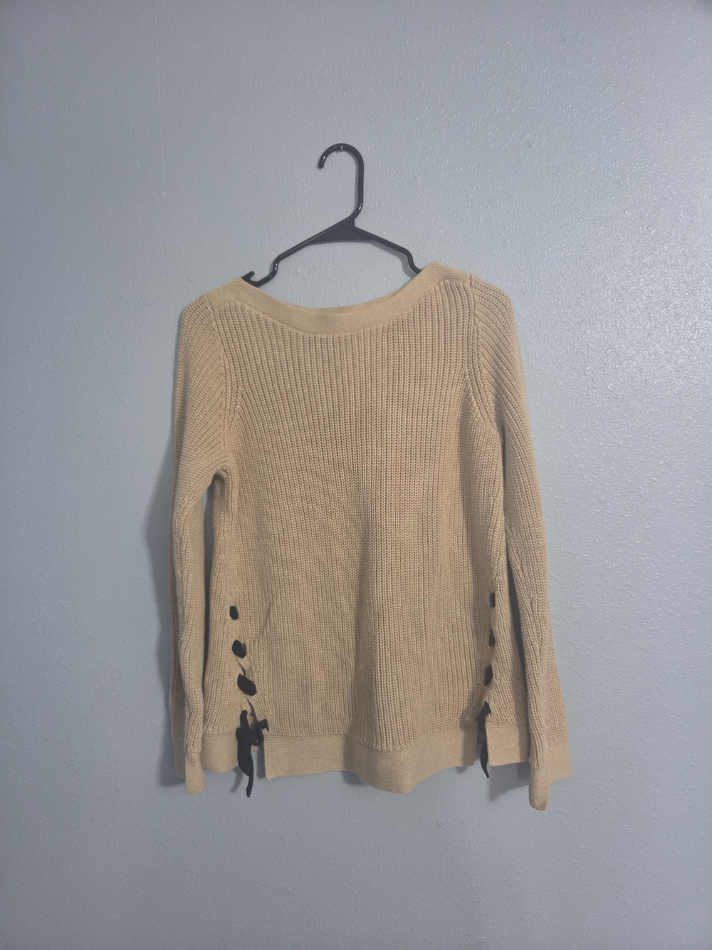 LOFT Beige Scoop-Neck Knit Sweater with Side Tie Accents